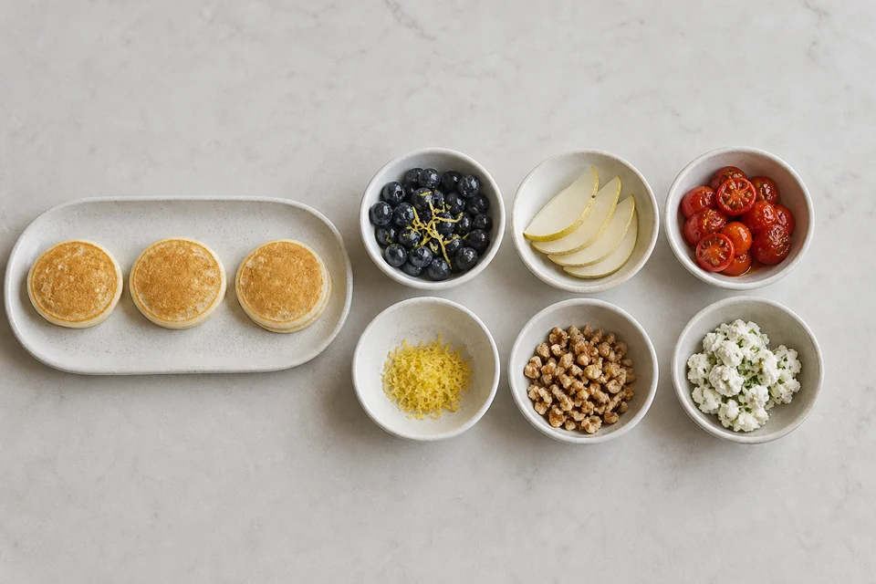 Three plain mini pancakes beside separate bowls of blueberries, lemon zest, pear, walnuts, roasted tomatoes, and herbed cheese.