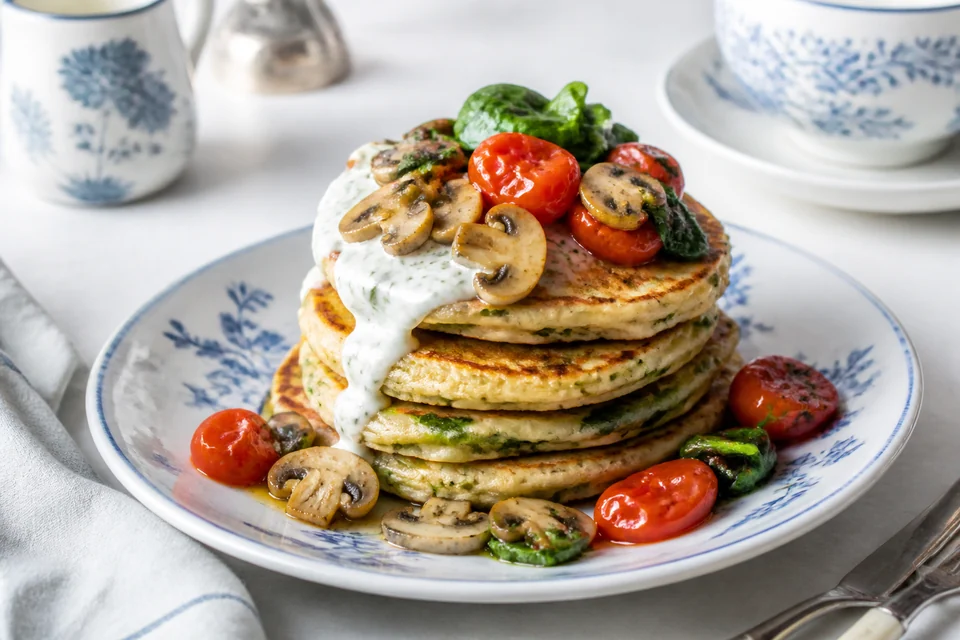 Finished vegetarian savory pancake stack with mushrooms, spinach, tomatoes, and herb yogurt
