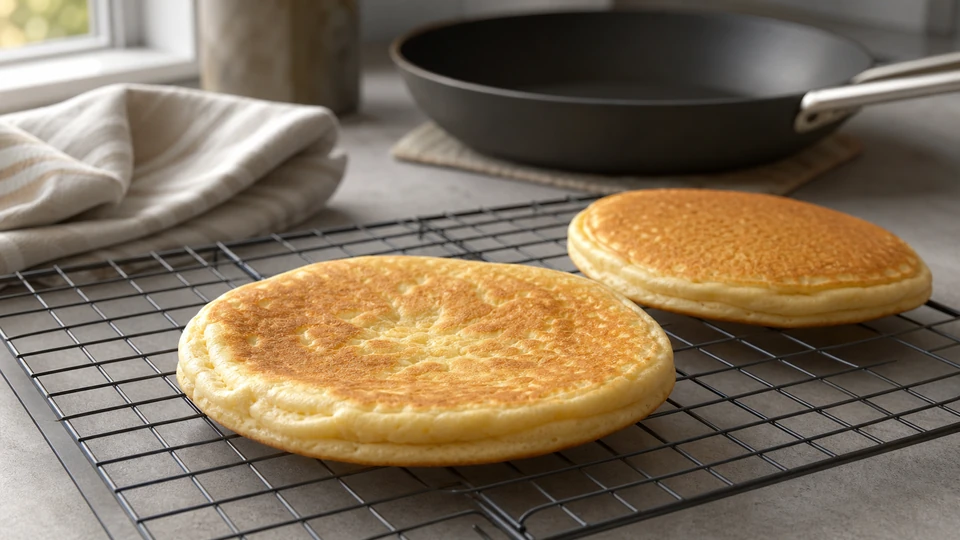 Editorial setup illustrating pancakes deflate after cooking: heat, release and batch method.