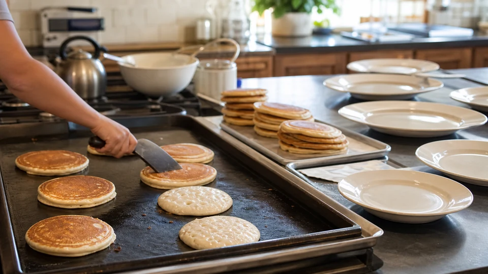Editorial breakfast scene illustrating Pancakes for a Crowd: A Two-Zone Cooking and Holding Workflow