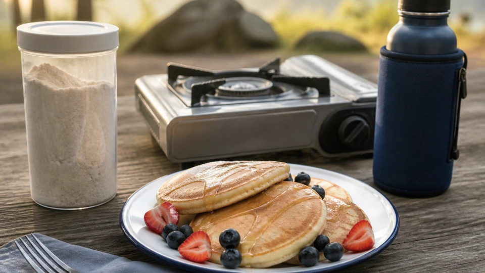Finished camping pancakes beside a stable compact stove and closed dry-mix and water containers.