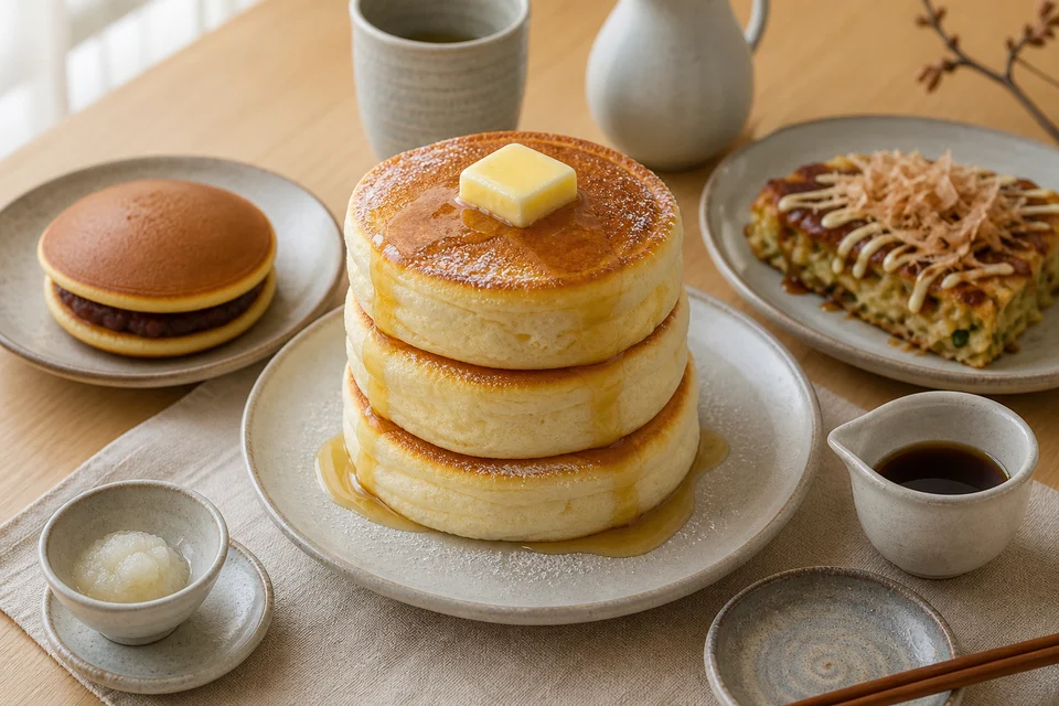 A finished Japanese pancake tasting with hotcakes, souffle-style pancakes, dorayaki, and savory okonomiyaki.