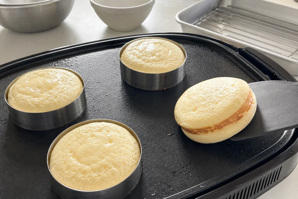Several Japanese souffle-style pancake portions cooking on a covered griddle, some supported by rings.