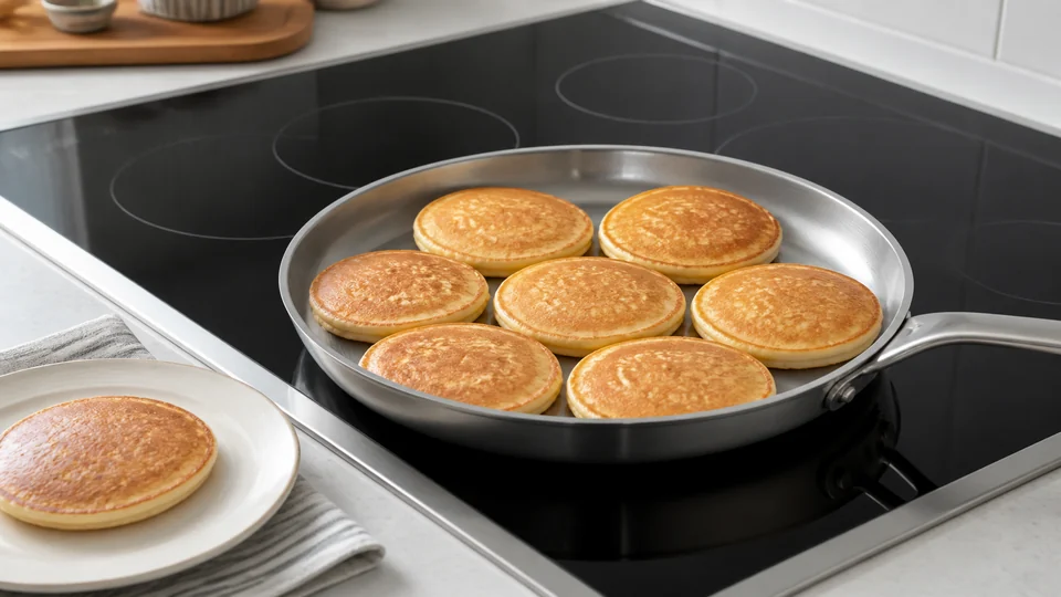 A flat skillet centered on a clean glass-top stove while pancakes cook.