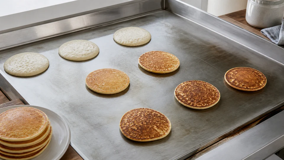 Pancakes spaced across a clean plancha with open heat and landing zones.