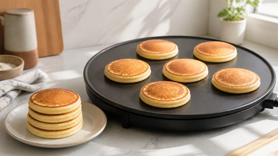 Small pancakes cooking on a plain round electric crepe-maker surface.
