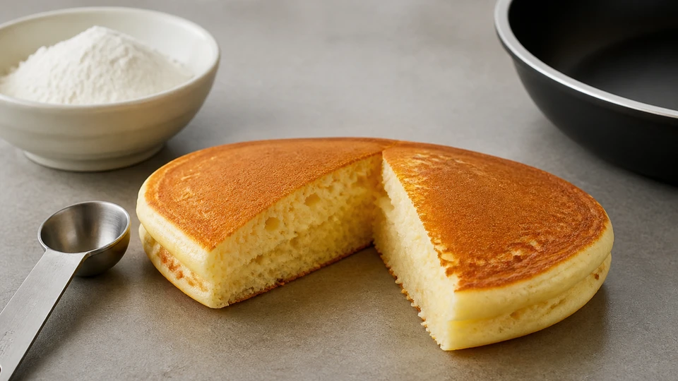 Finished pancake cut open beside a measuring spoon, dry ingredients and a clean pan for a baking-powder taste check.