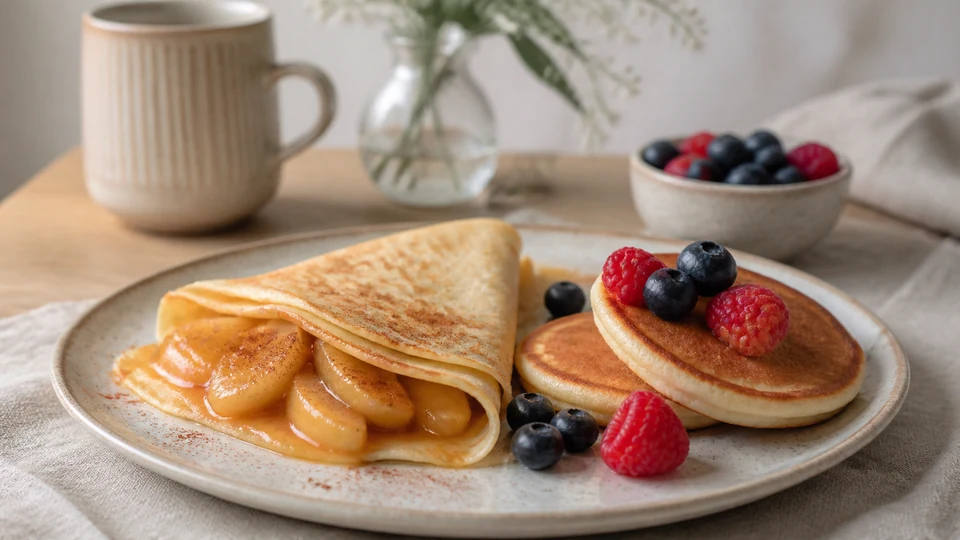 Vegan pancake stack with fruit and plant drink beside a simple ingredient checklist