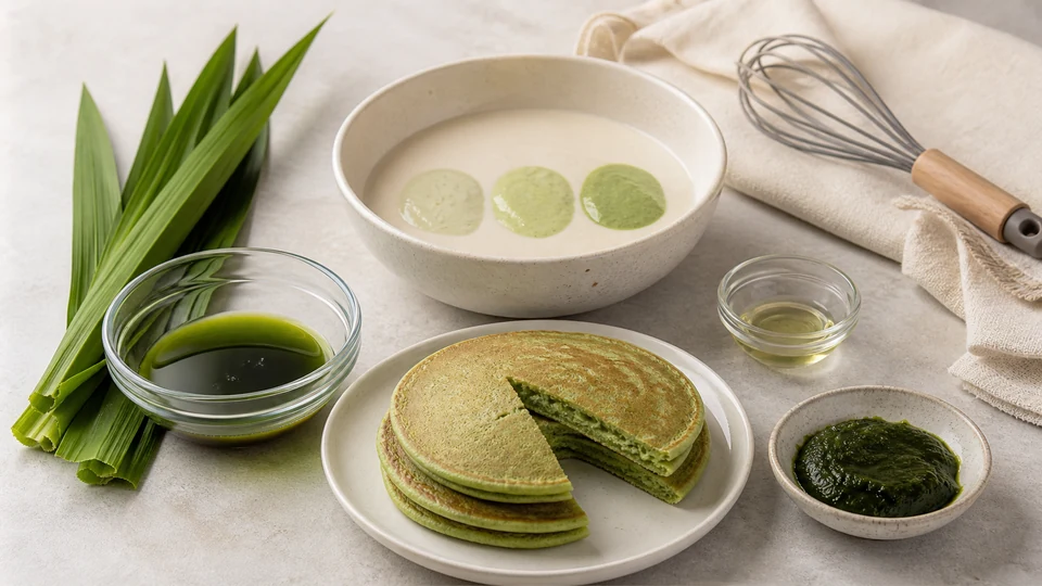 Fresh pandan leaves, strained liquid, extract, paste, batter samples and green pancakes shown illustratively