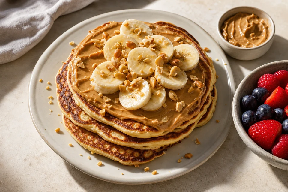 Finished pancakes with peanut butter, banana slices, chopped peanuts, and berries