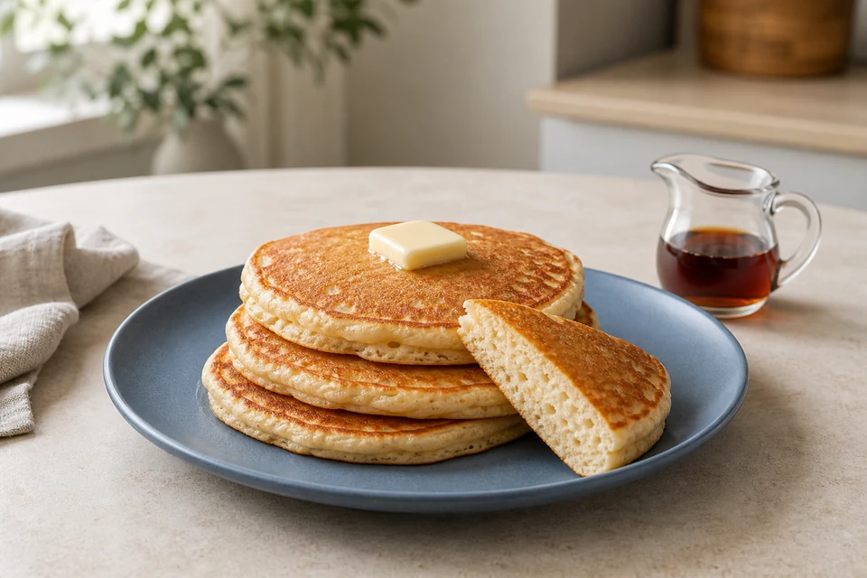 Finished stack of Pearl Milling Company buttermilk-mix pancakes with even golden surfaces, a small butter pat, and one cut pancake showing the crumb.