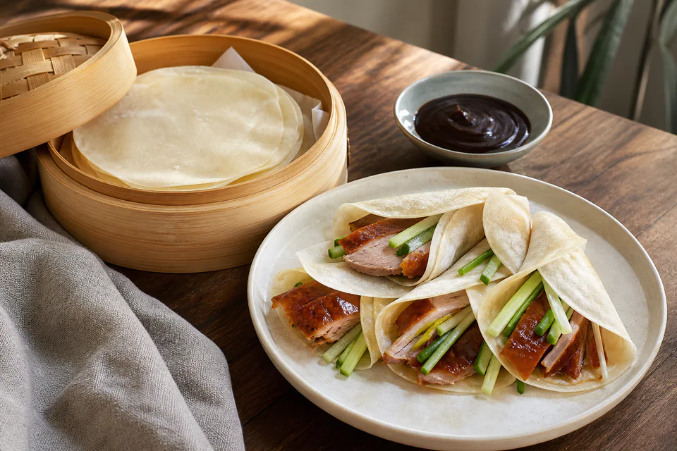 Finished Peking duck pancake wraps with sliced roast duck, cucumber, scallion, sauce, and extra wrappers in a steamer