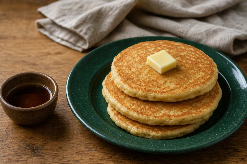 Finished stack of golden pancakes prepared to evaluate Pioneer Buttermilk Biscuit & Baking Mix
