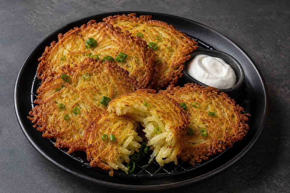 Finished crisp potato and spring onion pancakes on a rack-lined plate with yogurt and fresh spring onion greens.