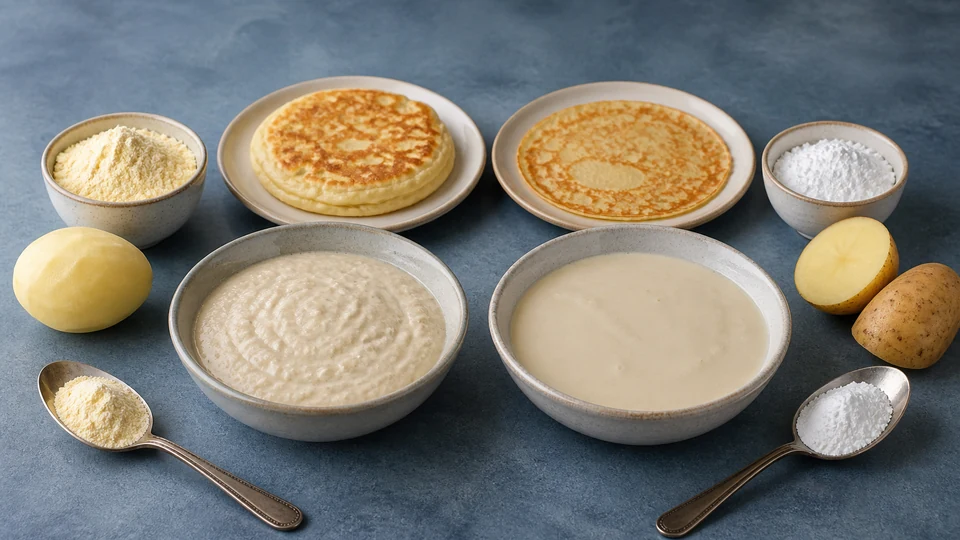 Whole-potato flour and white potato starch shown separately with contrasting batters and pancakes