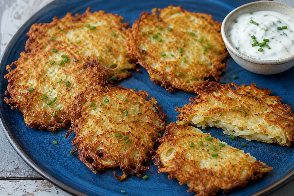 Golden grated potato pancakes with crisp edges served with herb yogurt
