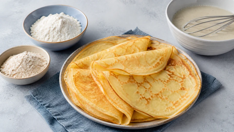 Potato starch, batter and flexible thin pancakes arranged for comparison