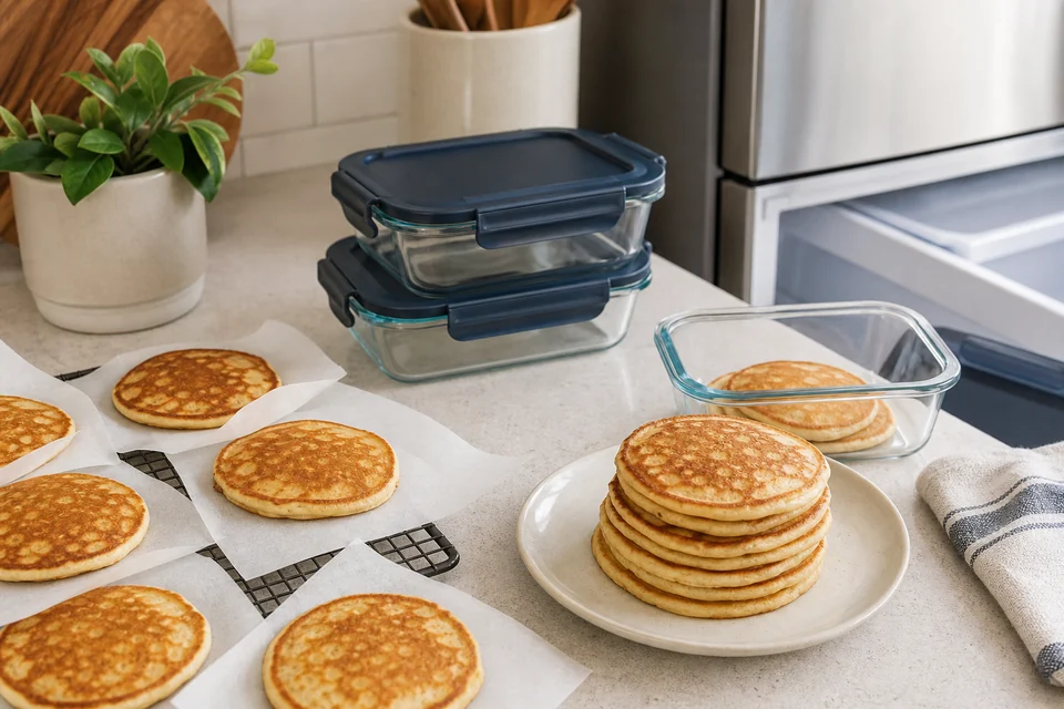 Finished pancakes stacked with parchment beside clean glass storage containers.
