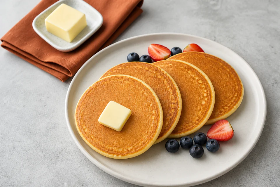 Four evenly golden pancakes fanned on a plate with butter and berries.