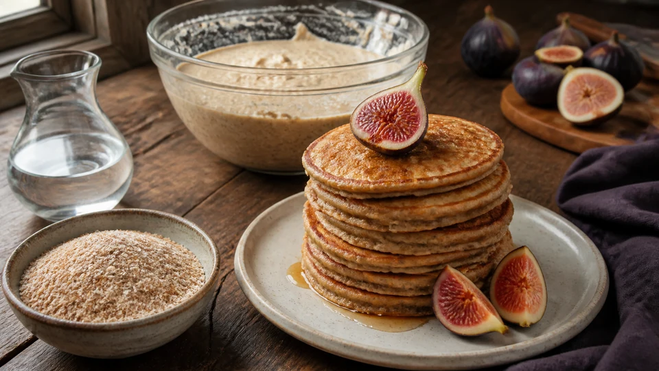 Psyllium husk, water, thickening batter and pancakes shown as a hydration sequence