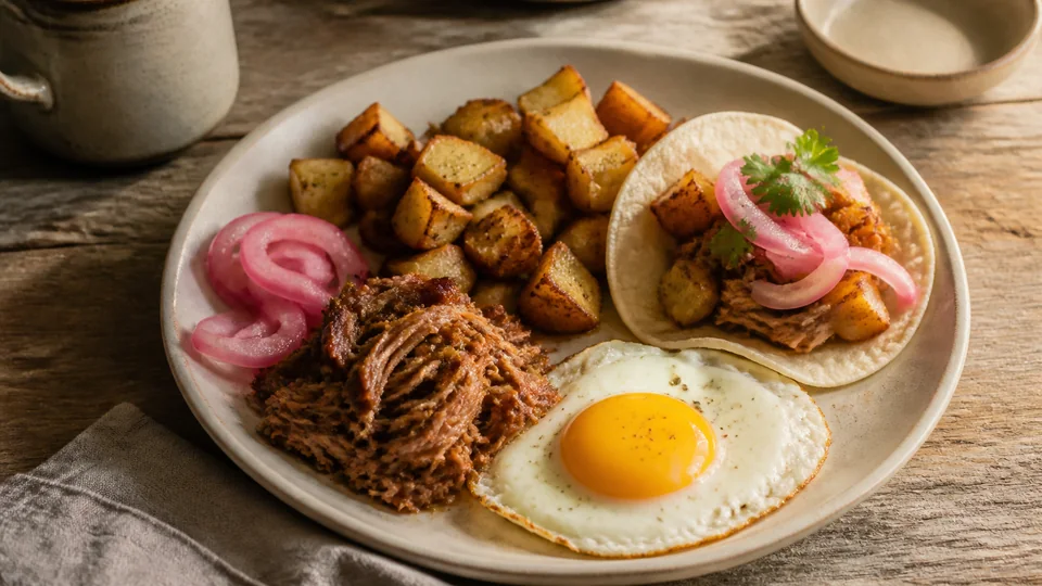 Pulled pork breakfast prepared for Pancakes World.