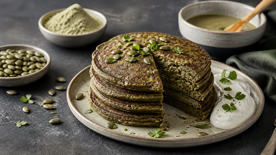 Pumpkin seeds, green seed flour, batter and dark pancakes showing edge structure