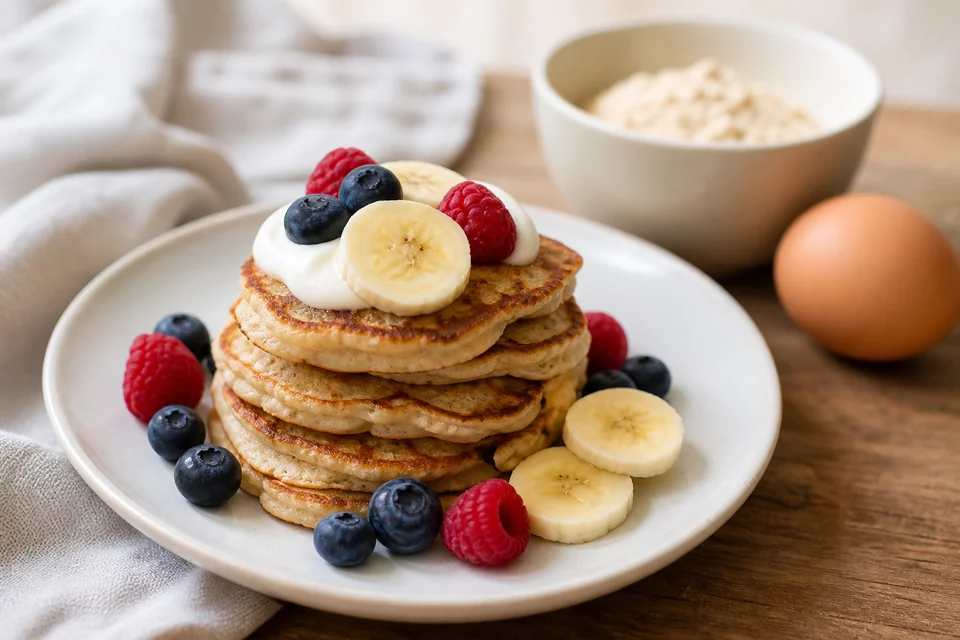 Three-ingredient banana protein pancakes served with yogurt, banana, and berries.