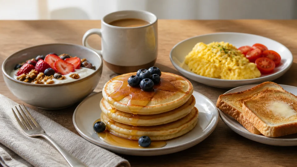 Quick breakfast menu prepared for Pancakes World.