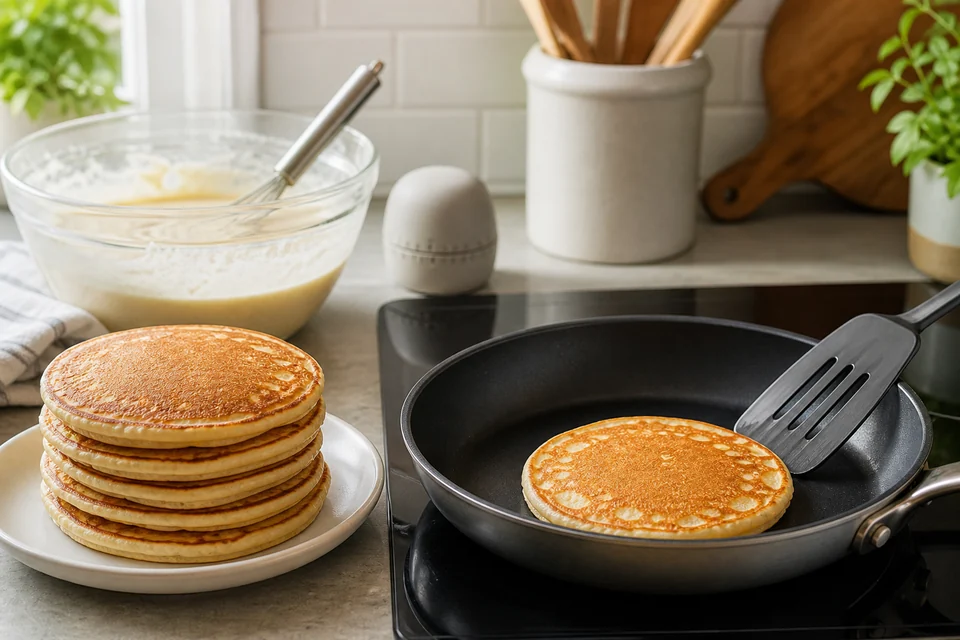 Evenly browned pancakes in a skillet with a spatula and a finished stack ready to serve.