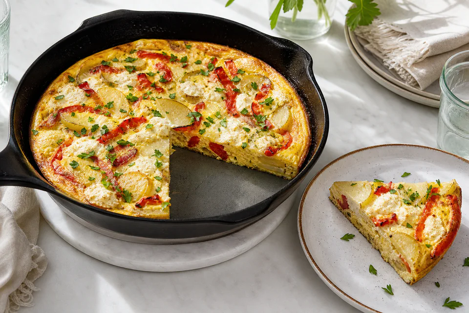 Skillet frittata with red pepper, potato, ricotta pockets, herbs, and a plated wedge