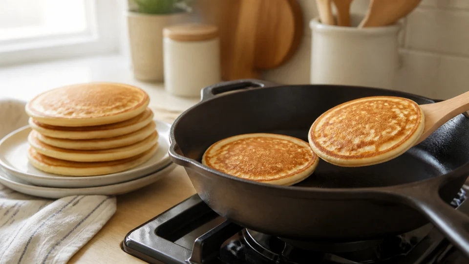 Cooked pancakes reheating gently in a plain skillet beside a small stack.
