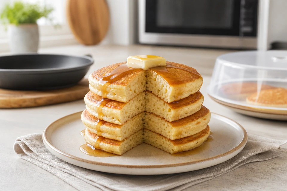 Reheated pancake stack with cut edges visible beside a covered plate and a pan.