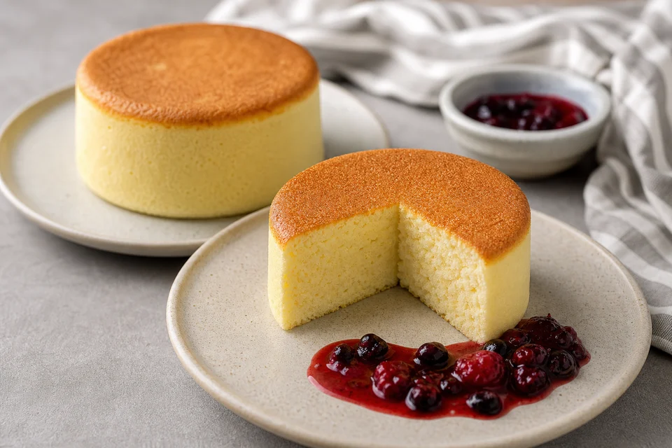 Two ring-formed Japanese pancakes with clean sides, one cut to show a fully set centre, with berry compote.