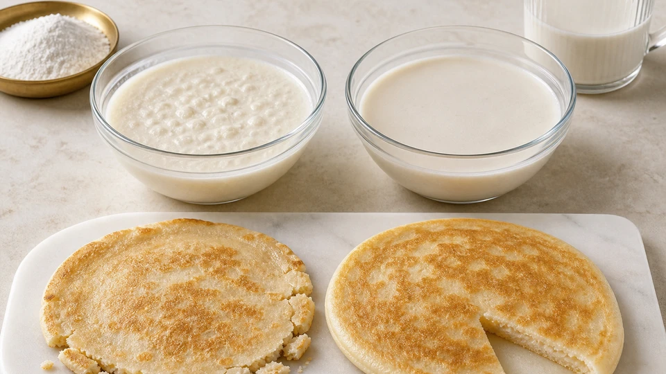 Planning image for Rice Flour Pancakes: Prevent Grittiness and Brittle Edges, showing a controlled ingredient/process setup for rice flour pancakes: prevent grittiness and brittle edges, showing only the relevant unbranded ingredients, tools and one clear before/after or side-by-side variable.