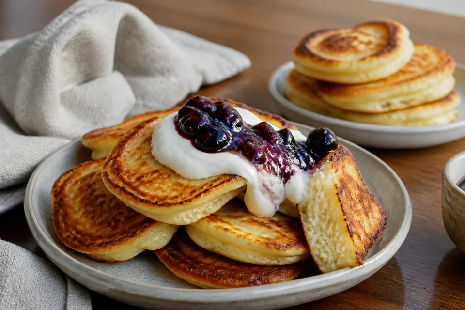 Finished pancake dish illustrating an English orientation guide for Russian-speaking Pancake World readers
