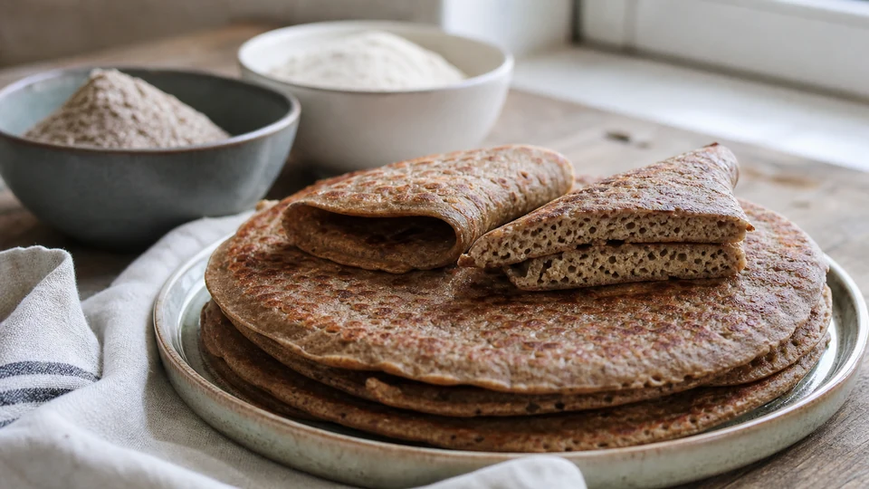 Dark-speckled rye pancakes, one folded and one cut to show a set flexible crumb, with unmarked flour bowls nearby.