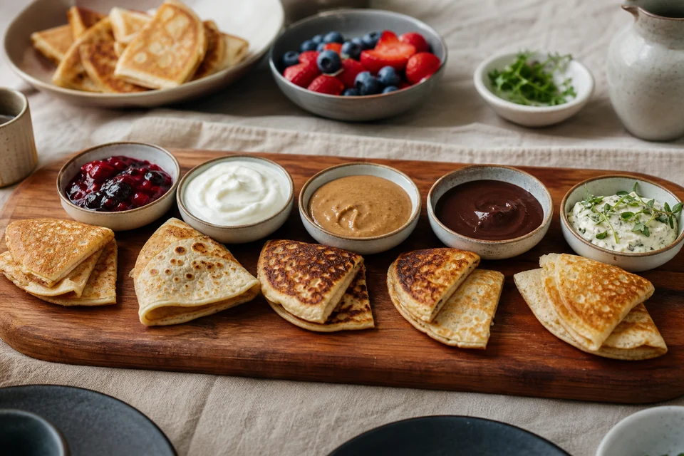 Pancake tasting board with berry compote, yogurt, nut butter, chocolate sauce, and herb spread.