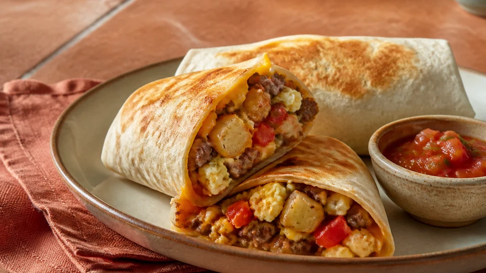 Sausage breakfast burrito recipe prepared for Pancakes World.