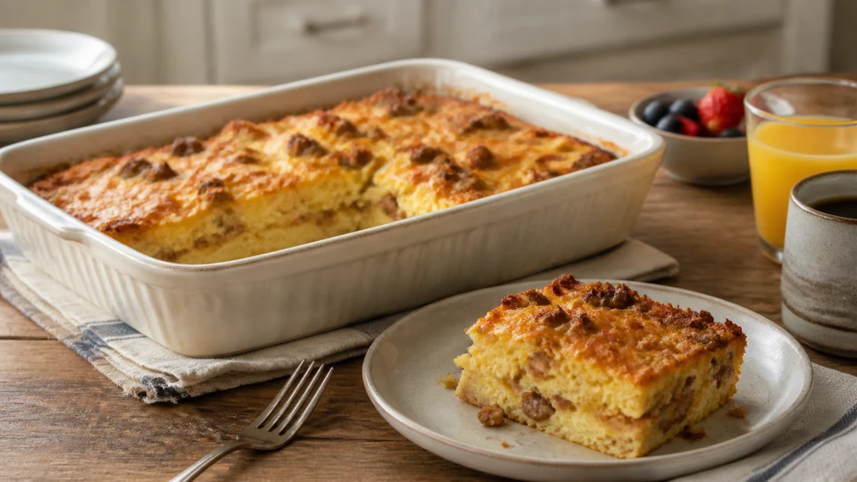 Sausage breakfast casserole recipe prepared for Pancakes World.