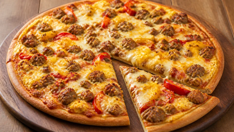 Sausage breakfast pizza prepared for Pancakes World.