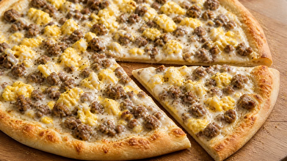 Sausage gravy breakfast pizza prepared for Pancakes World.