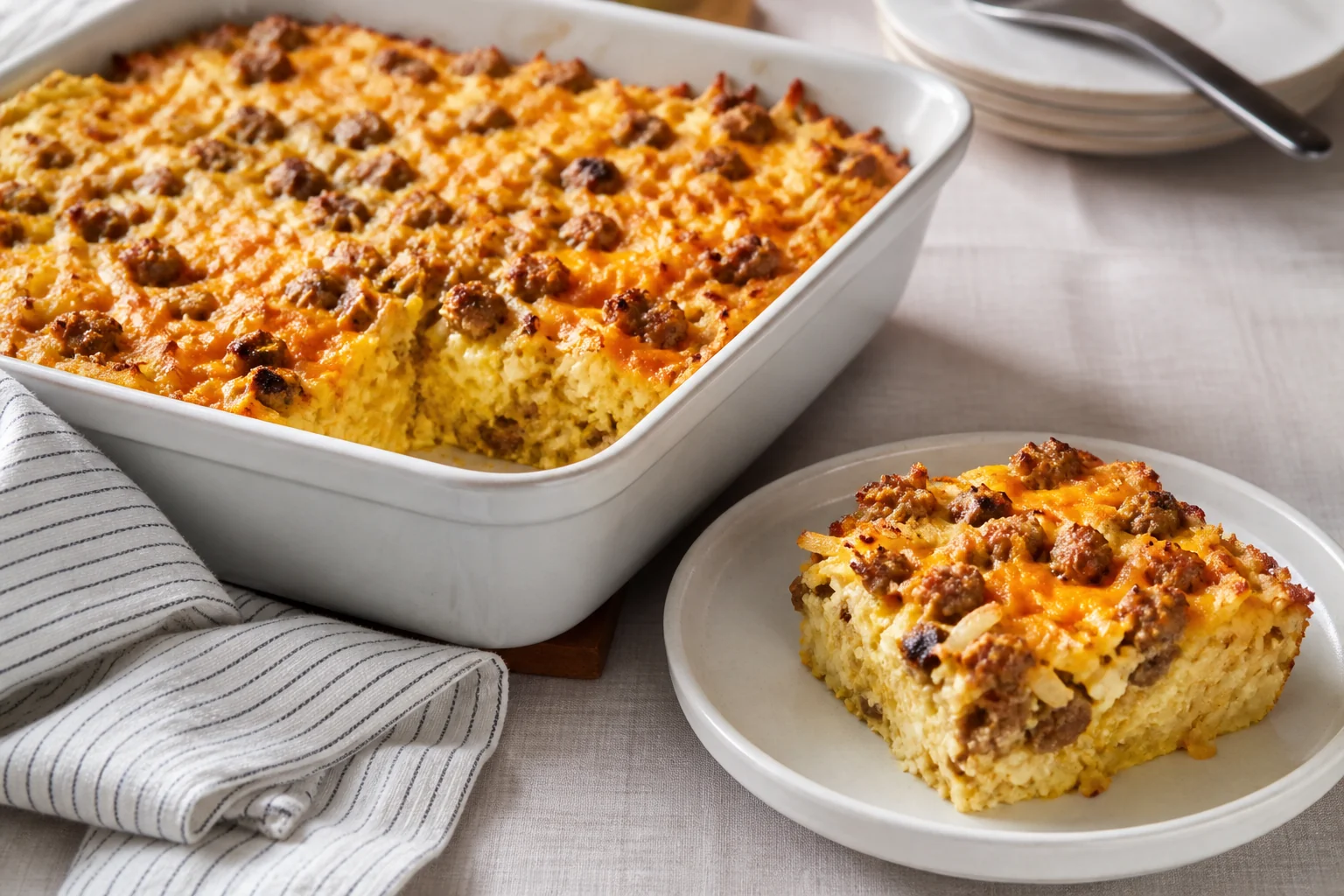 Finished sausage hash brown breakfast casserole with a plated square