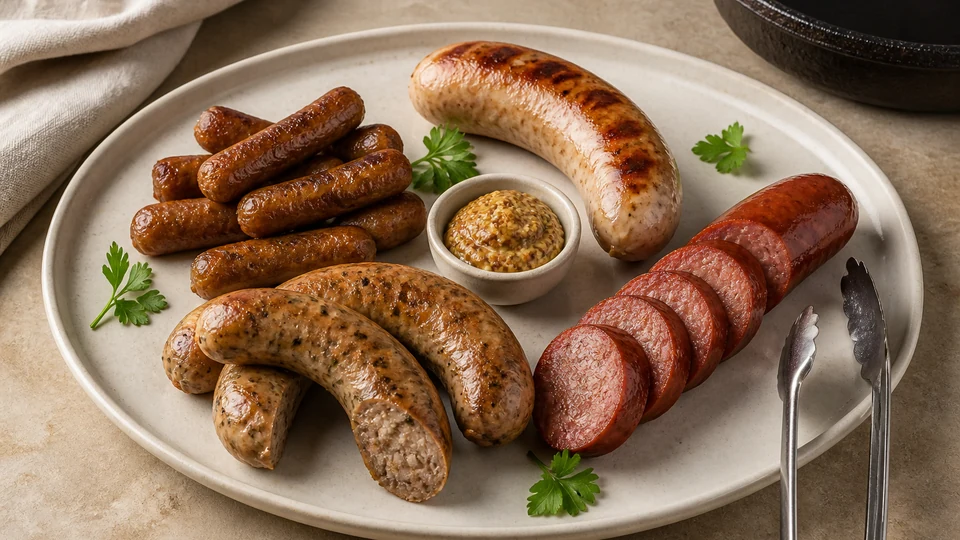 Assortment of fully cooked breakfast-style, bratwurst-style, smoked and herb-flecked sausages on a neutral platter.