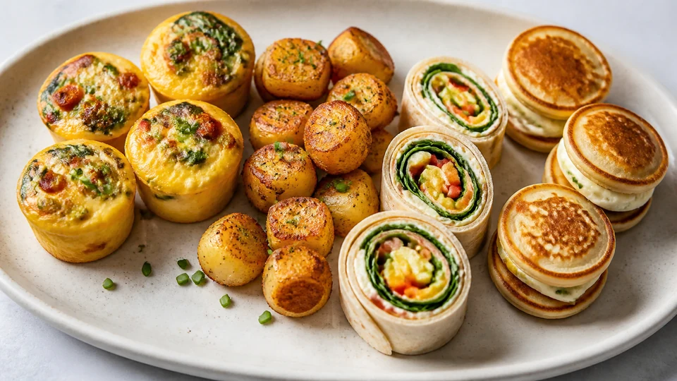 Savory breakfast finger foods prepared for Pancakes World.