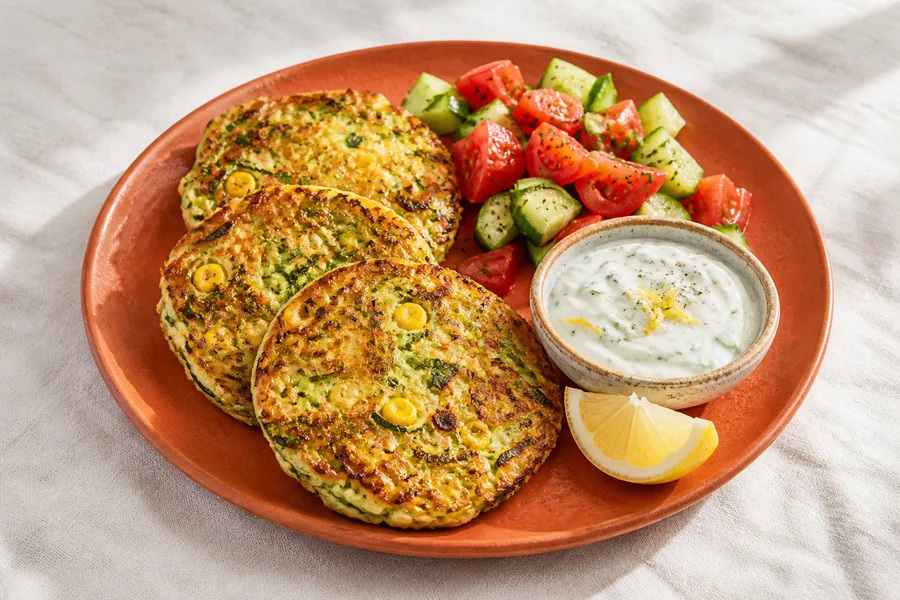 Close detail of zucchini, sweetcorn, and herb pancakes with salad and lemon yogurt.