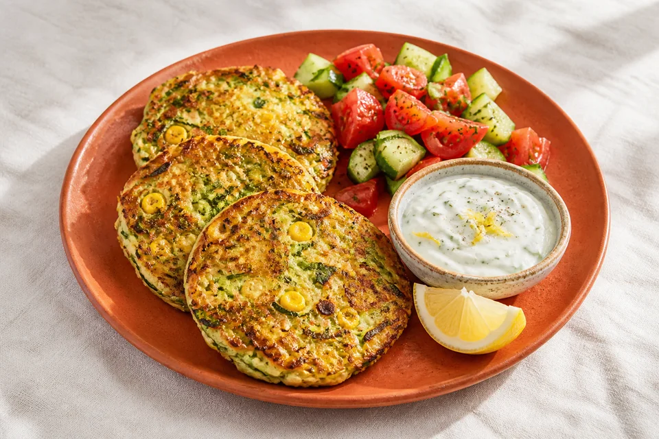 Zucchini, sweetcorn, and herb pancakes with salad and lemon yogurt.