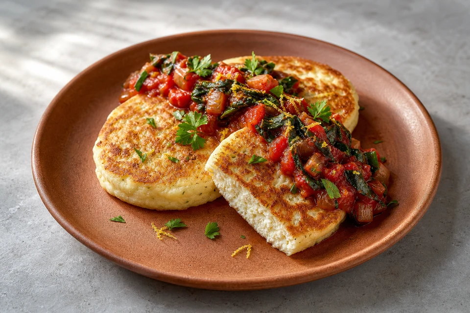 Finished savoury ricotta pancakes topped with a thick tomato and Swiss chard sauce, herbs, and a little lemon zest.