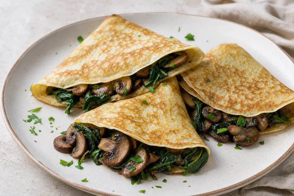 Folded golden vegan crêpes filled with browned mushrooms, wilted spinach, parsley, and no dairy or egg.