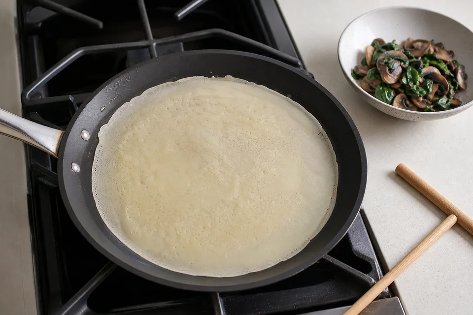 Thin vegan crêpe batter setting from glossy to matte in a skillet beside cooked mushroom-spinach filling.