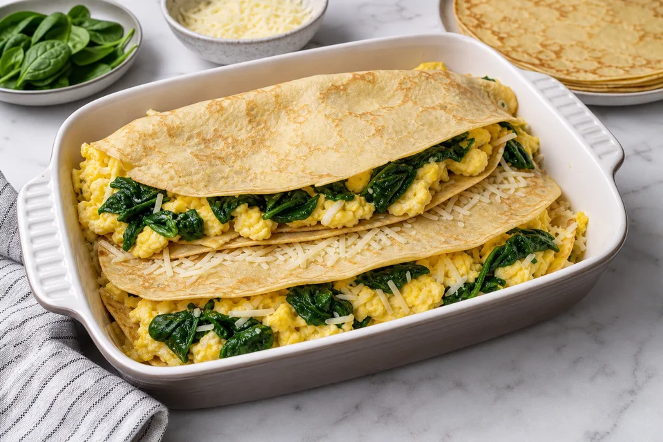 Cooked crêpes layered with scrambled egg, spinach, and cheese in a baking dish before baking.